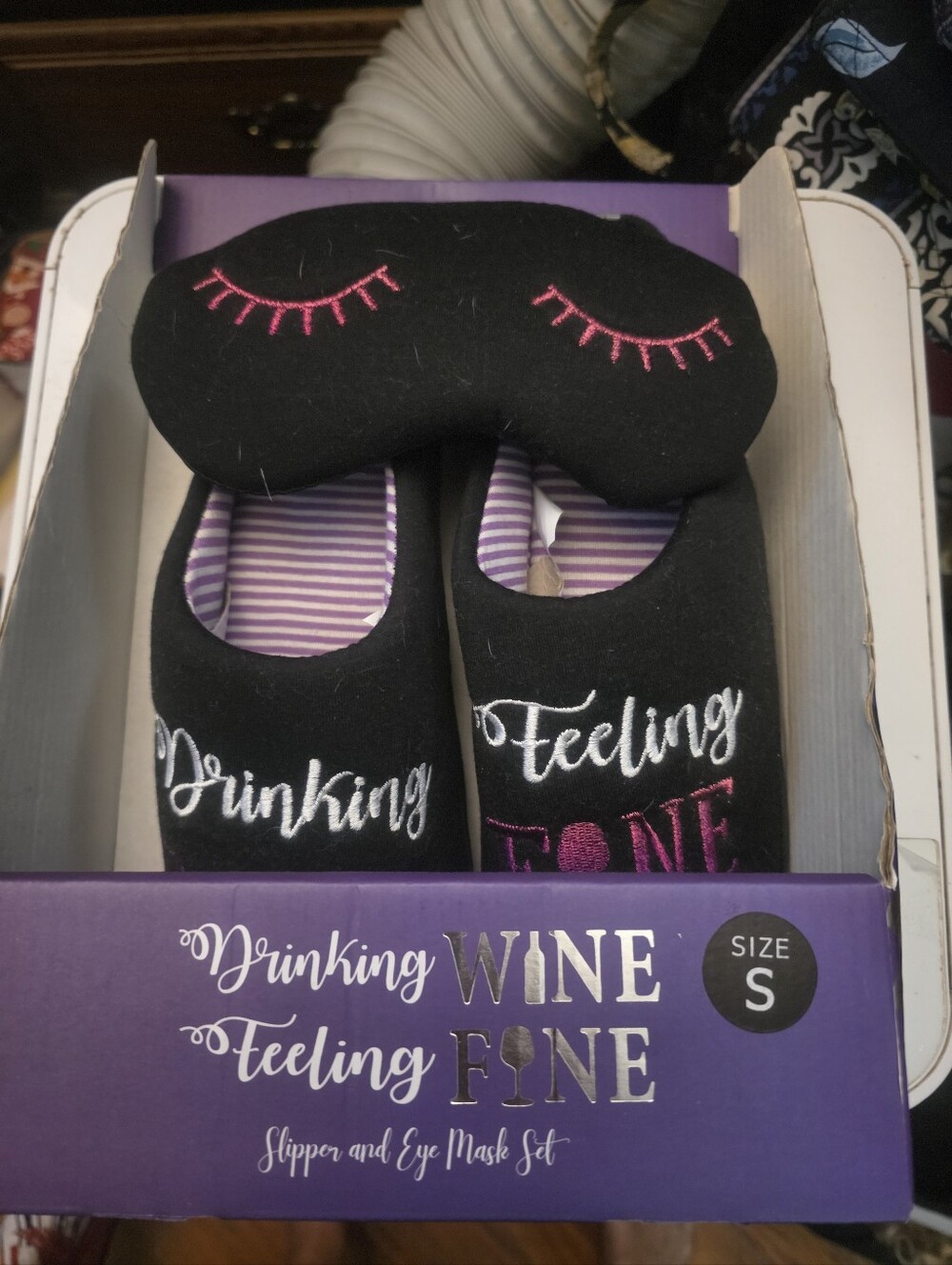 Drinking Wine Feeling Fine Women's Black Slipper and Eye Mask Set
